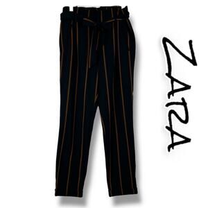 Zara Paperbag Waist Striped Pants High Waist Trousers Career Office Womens Sz XS